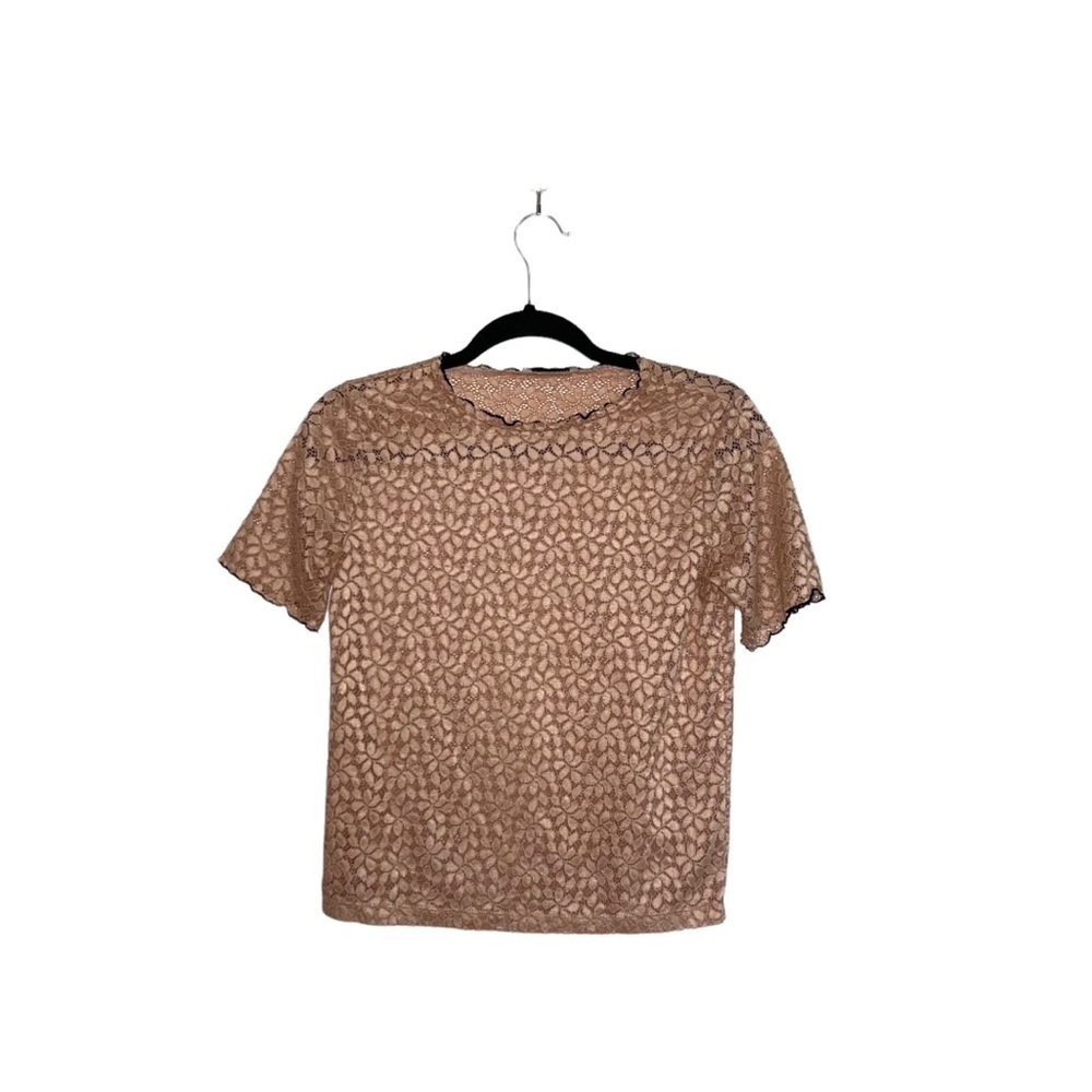 Zara Trafaluc Floral Lace Top Blush Pink Sheer Ruffle High Neck Small Women’s
